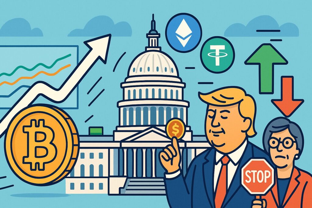 Bitcoin rise arrow, Capitol, ETH & USDT icons, Trump with coin, senator stop sign, regulation tension illustration.